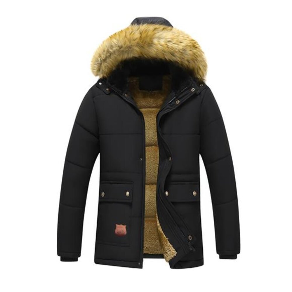 NWT Men's Black Winter Parka Jacket with Faux Fur Hood & Fleece Lining